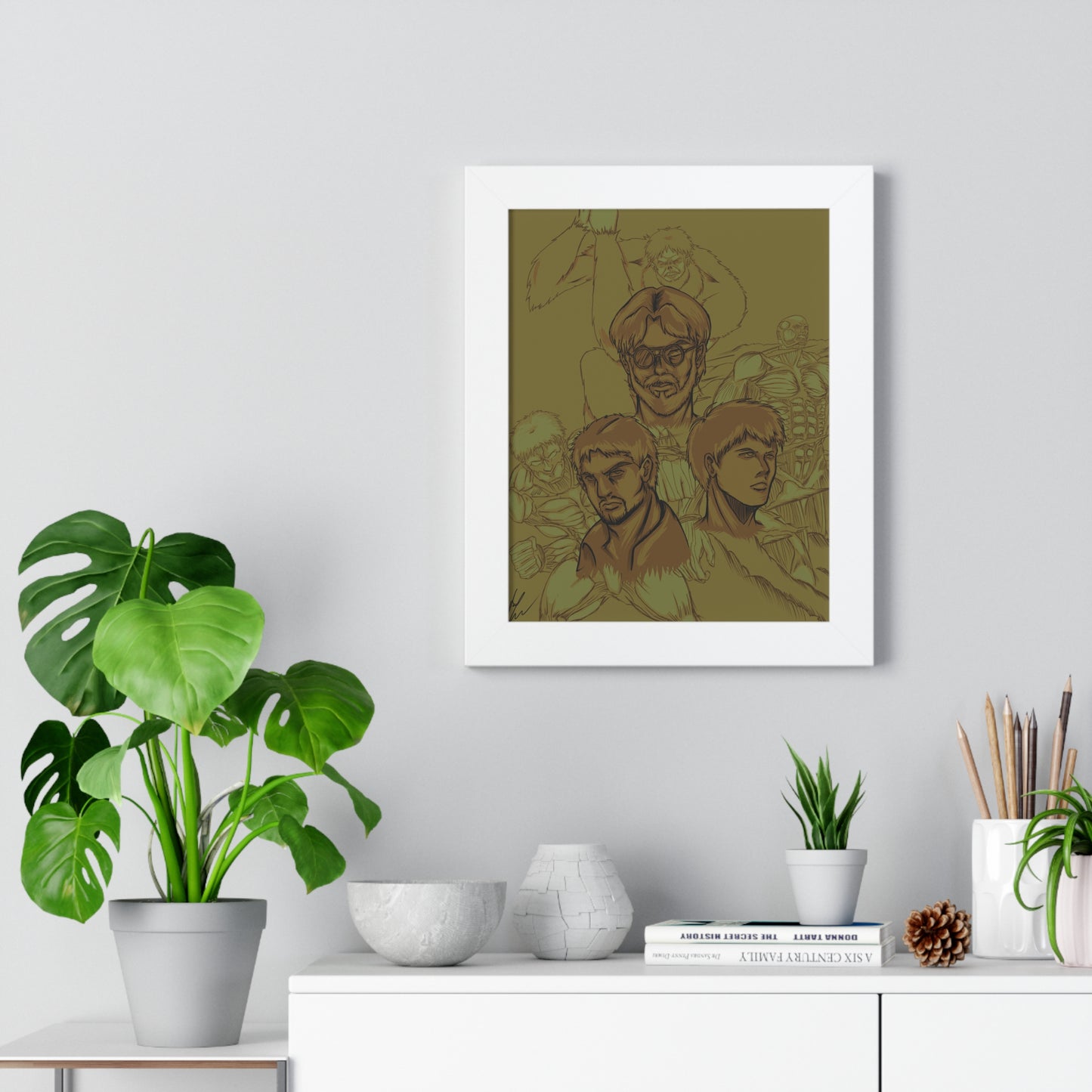 Framed Poster — Attack on Titan Dark Brown Manga Character Collage Art Print