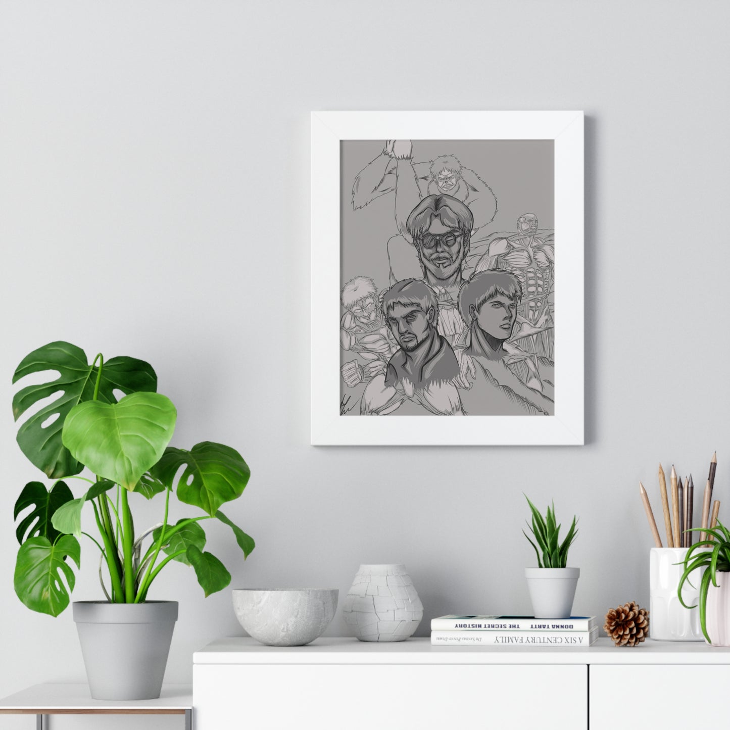 Attack on Titan Black and White-Framed Vertical Poster