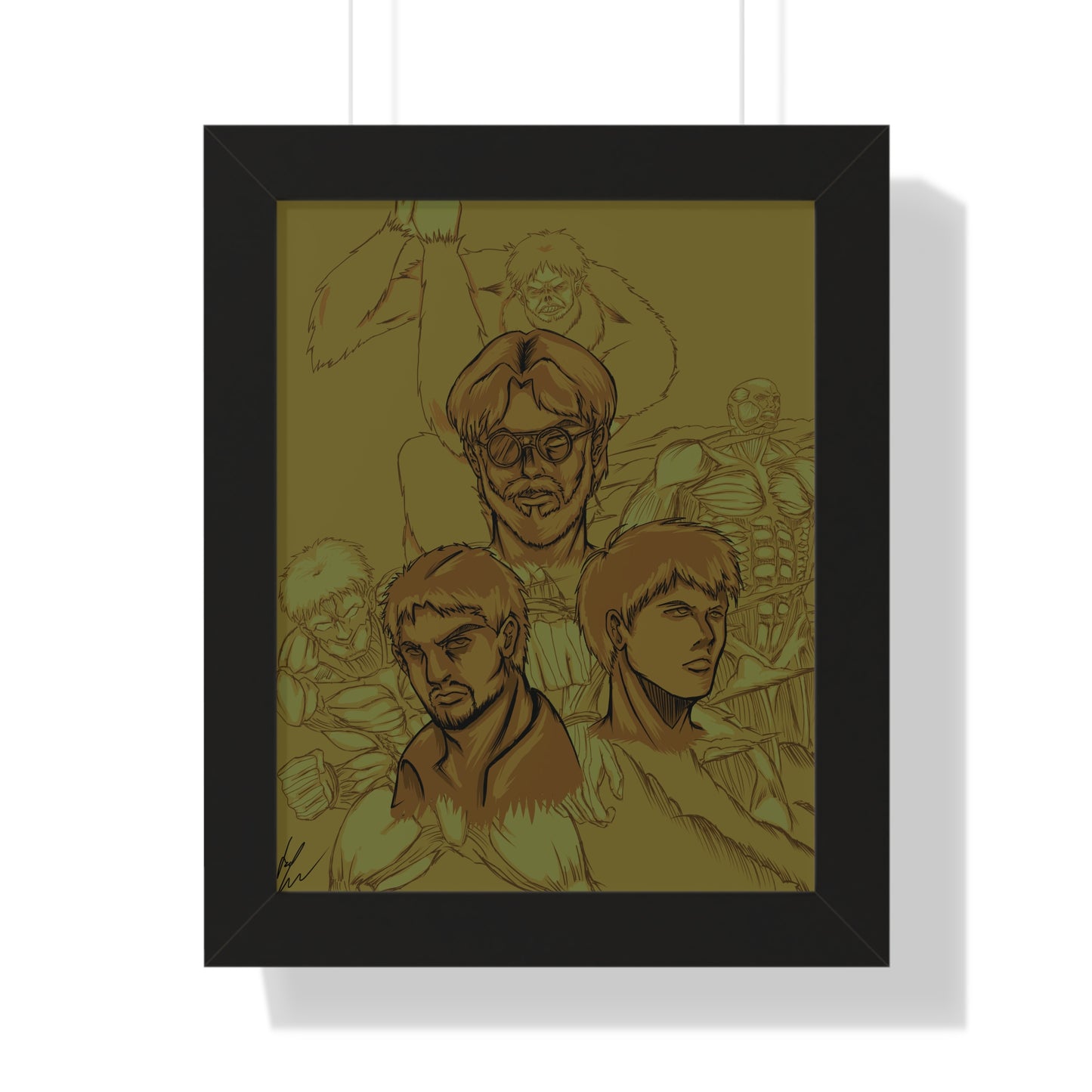 Framed Poster — Attack on Titan Dark Brown Manga Character Collage Art Print