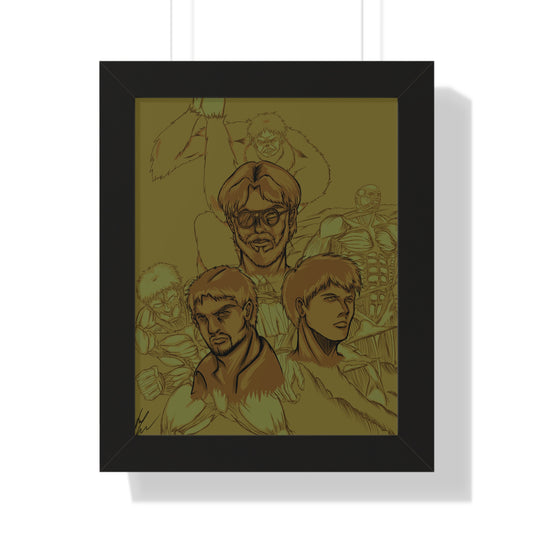 Framed Poster — Attack on Titan Dark Brown Manga Character Collage Art Print