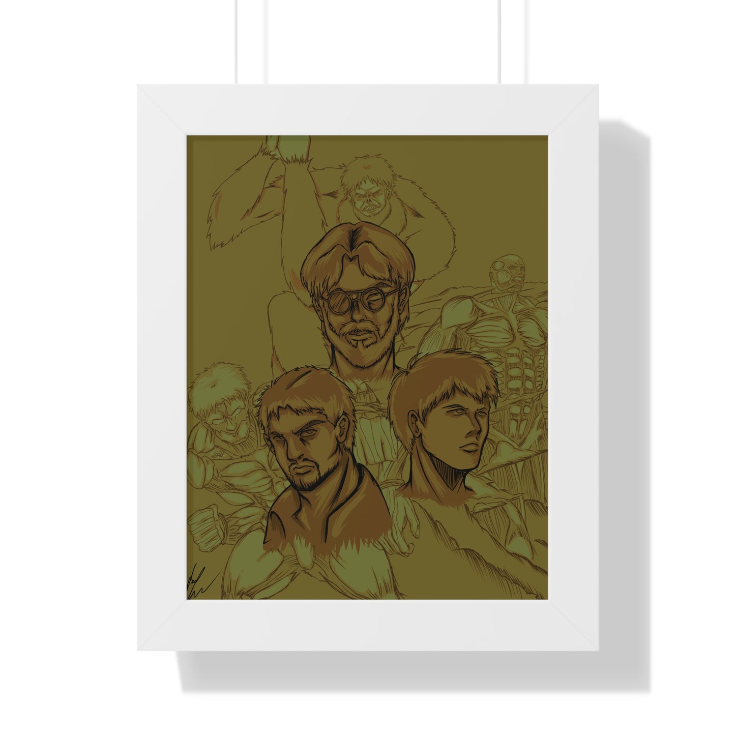 Framed Poster — Attack on Titan Dark Brown Manga Character Collage Art Print