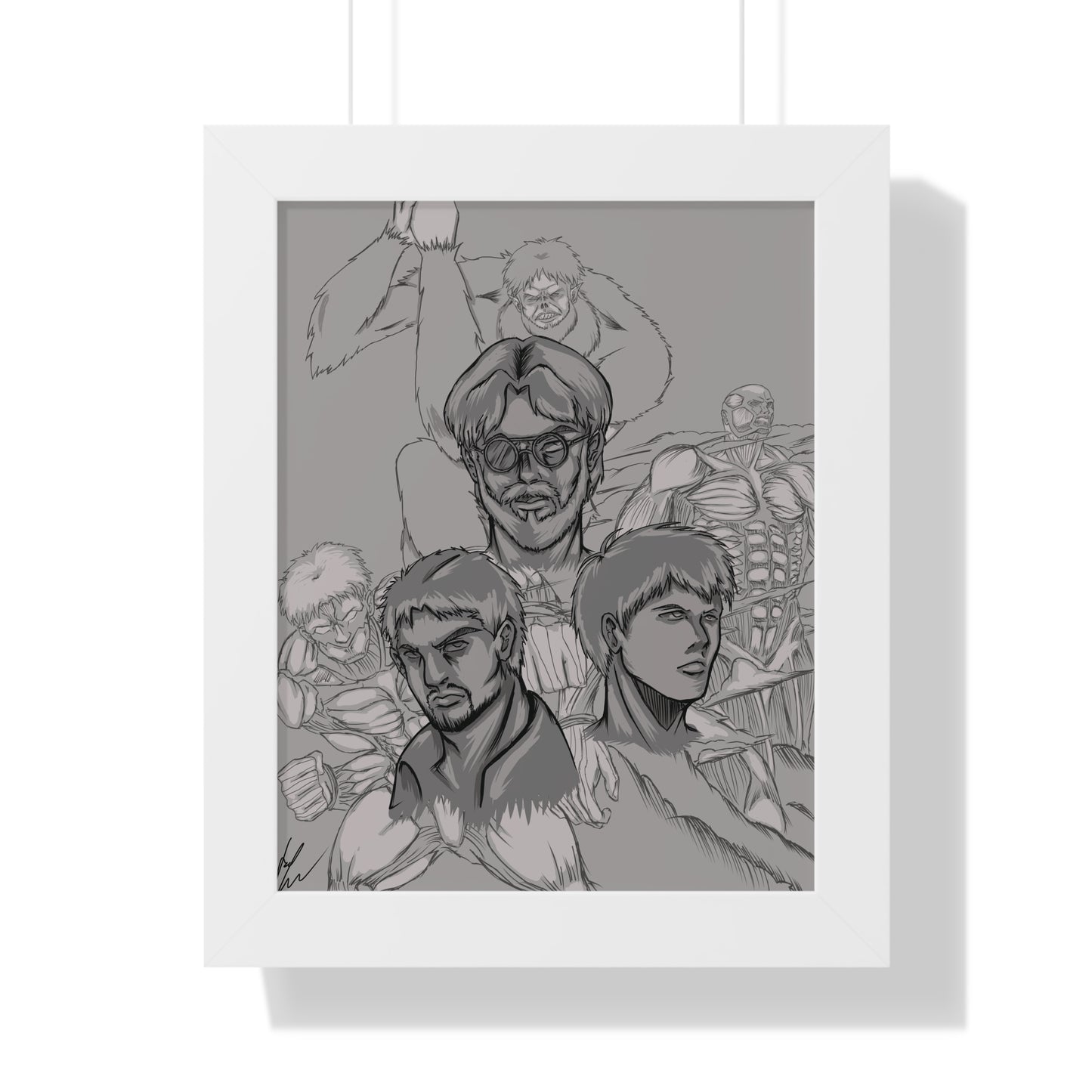 Attack on Titan Black and White-Framed Vertical Poster