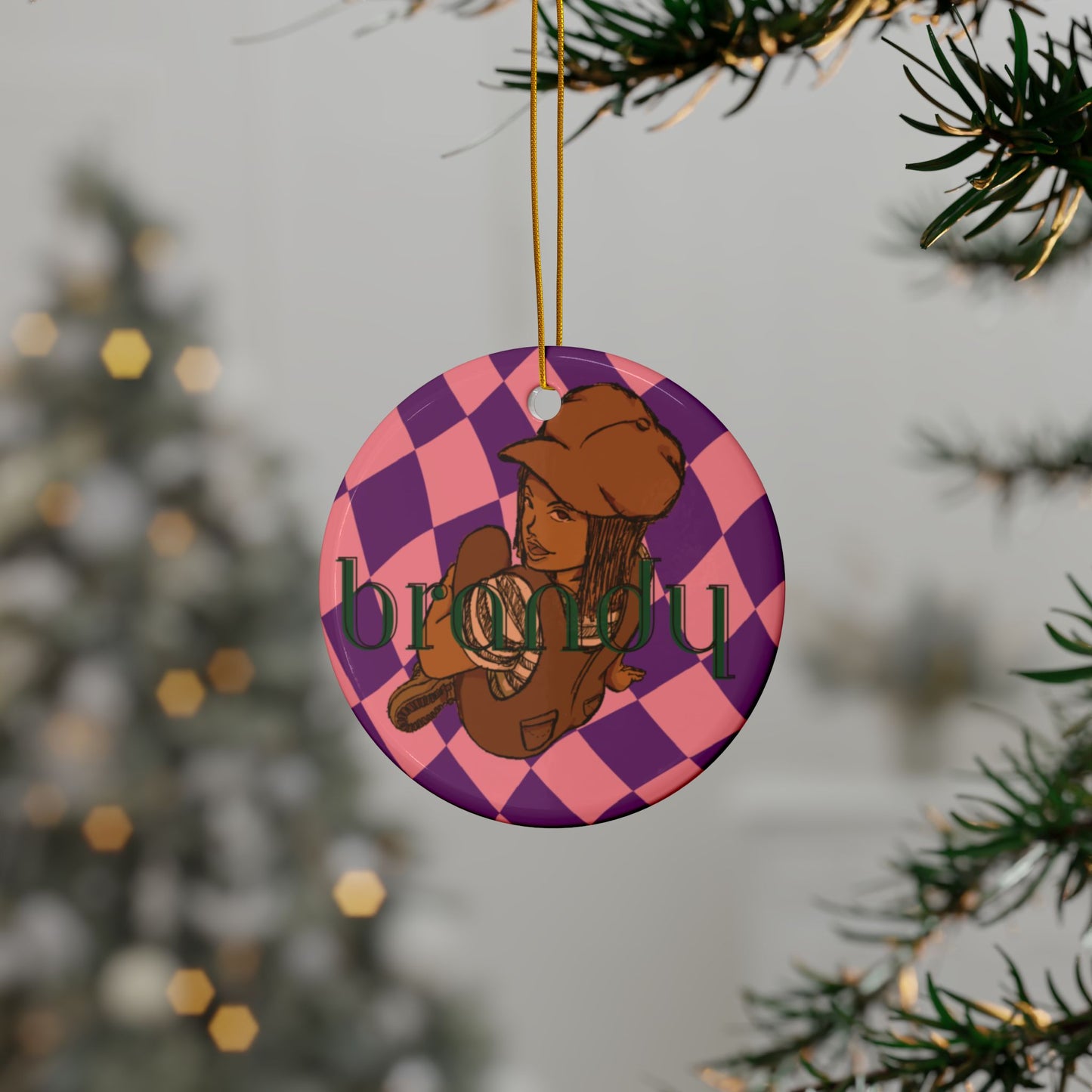 Brandy Retro Checker Ceramic Ornament — Double-Sided Personalized Holiday Decor