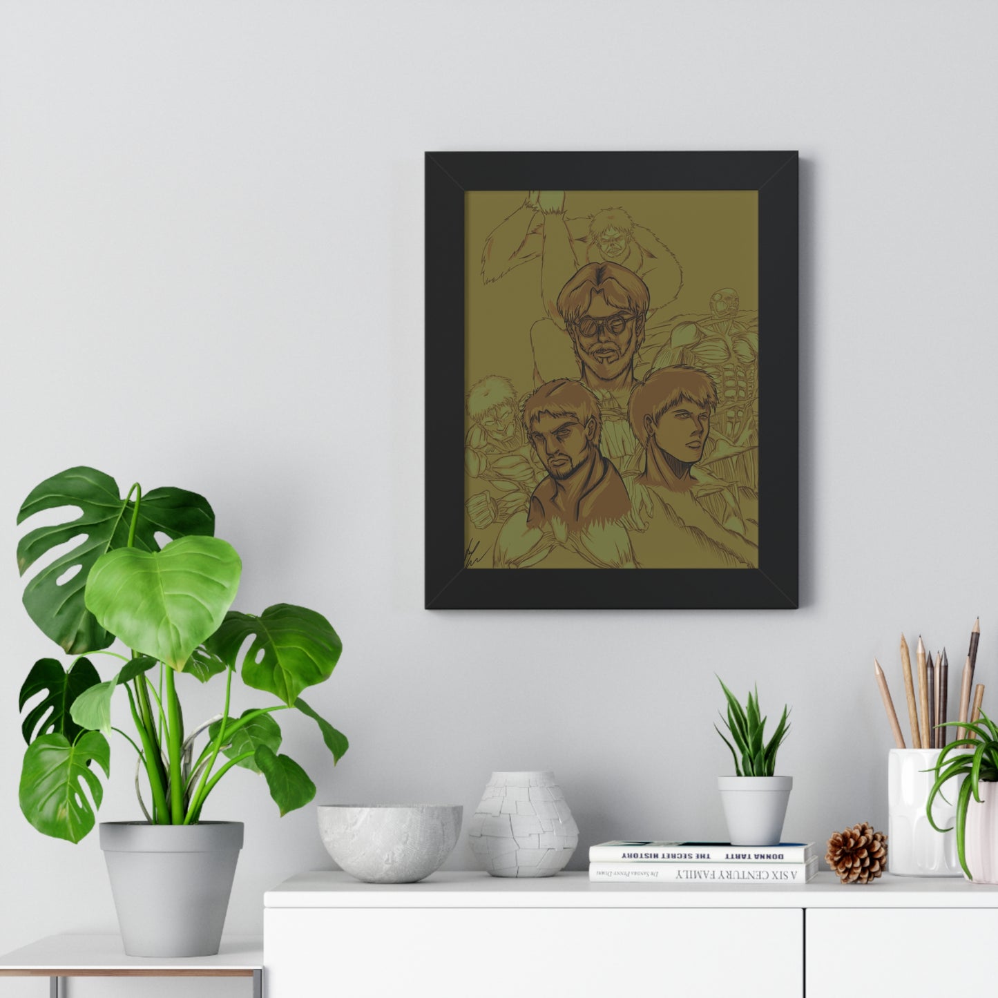 Framed Poster — Attack on Titan Dark Brown Manga Character Collage Art Print