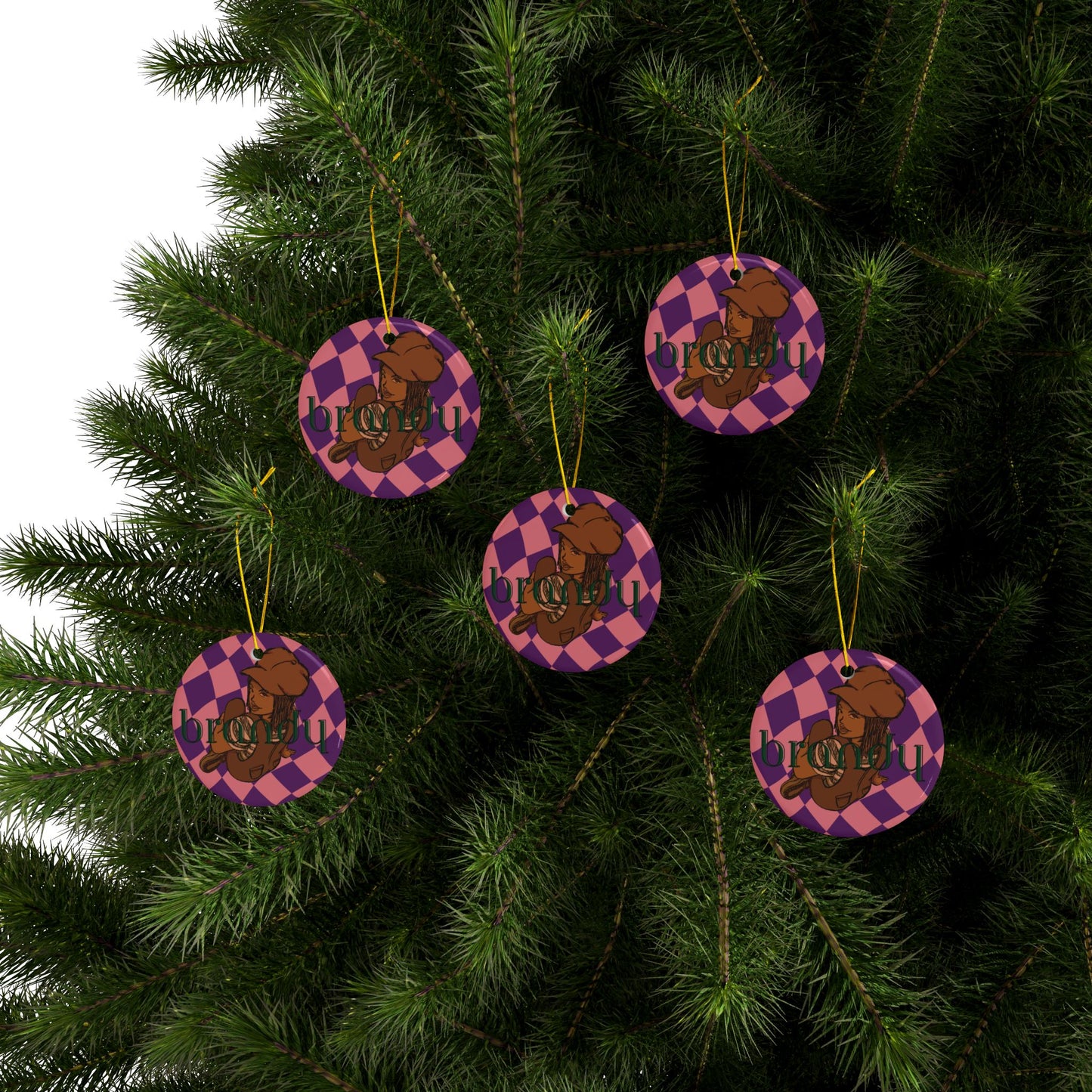 Brandy Retro Checker Ceramic Ornament — Double-Sided Personalized Holiday Decor