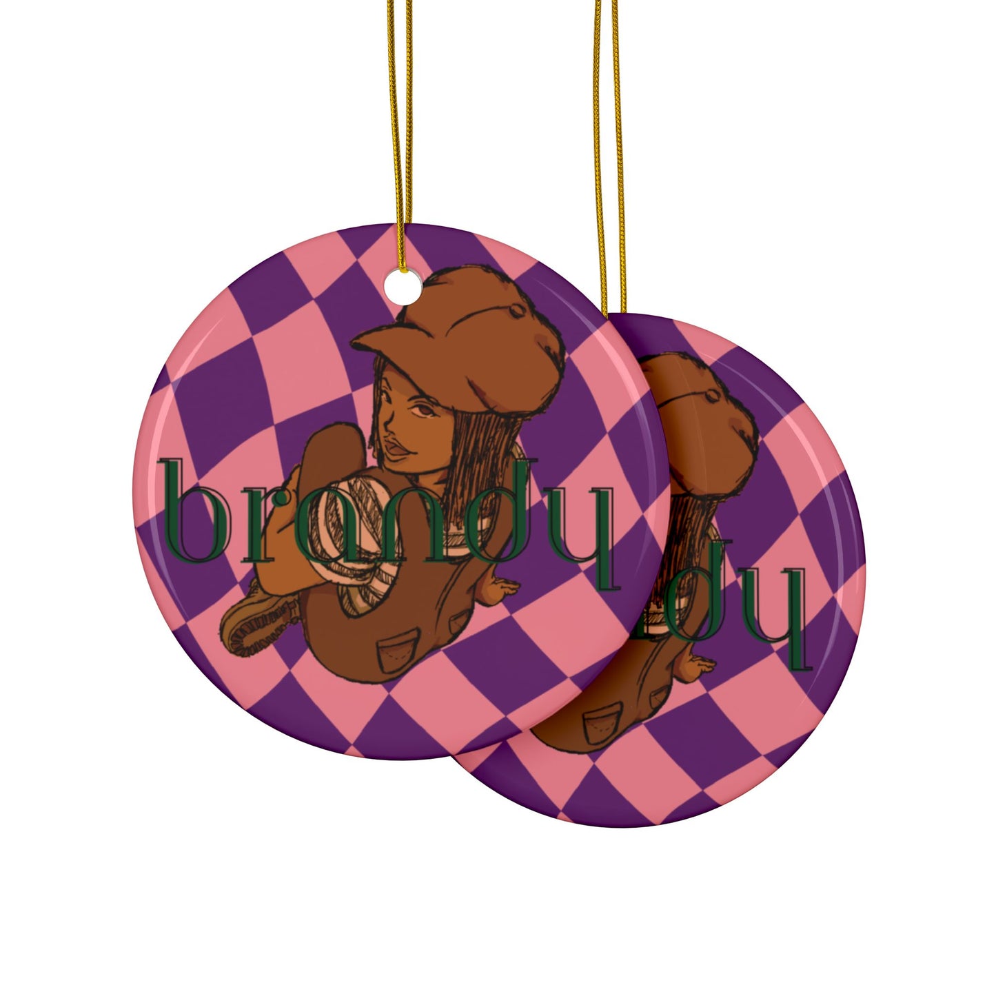 Brandy Retro Checker Ceramic Ornament — Double-Sided Personalized Holiday Decor
