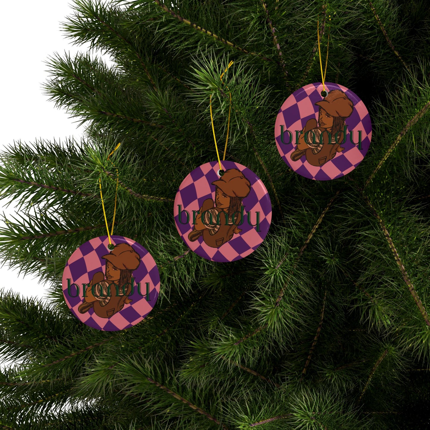 Brandy Retro Checker Ceramic Ornament — Double-Sided Personalized Holiday Decor