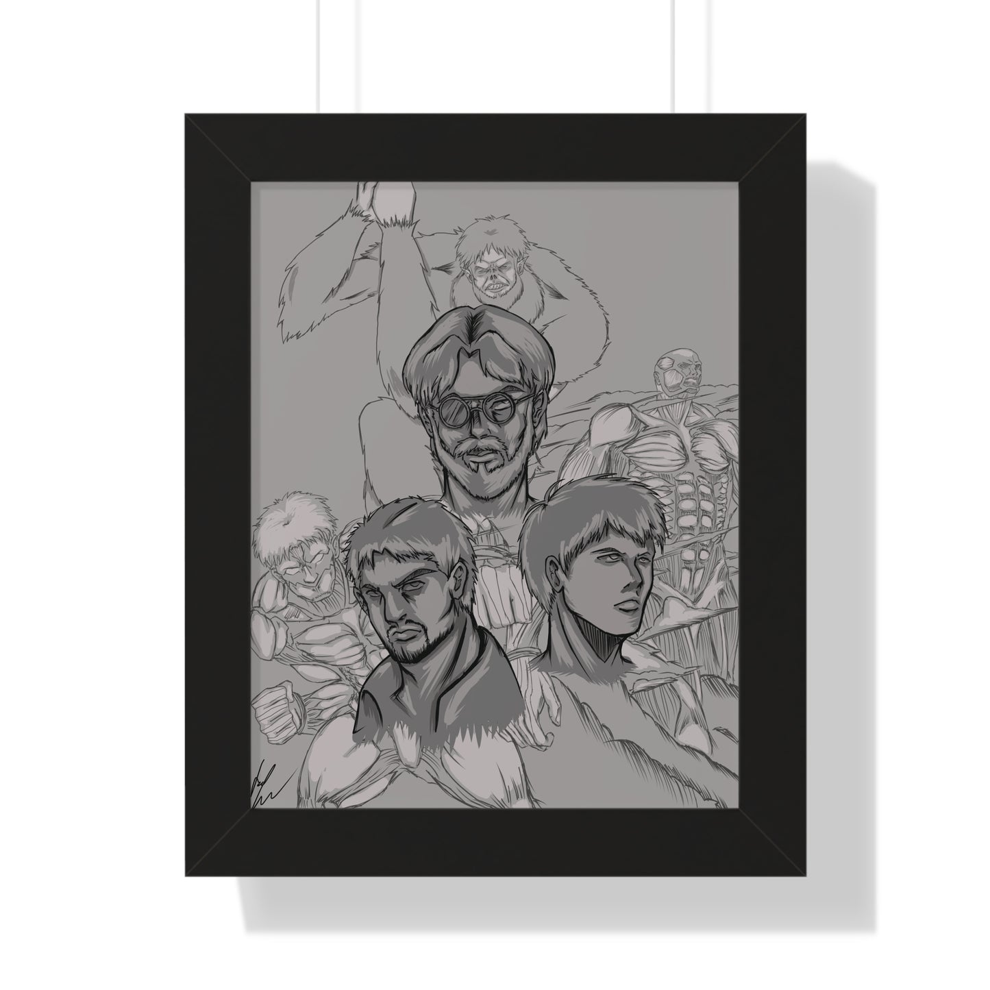 Attack on Titan Black and White-Framed Vertical Poster