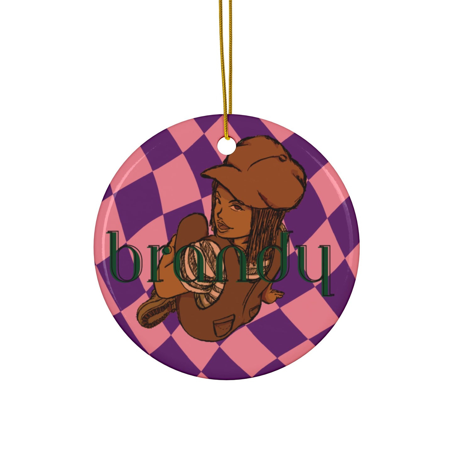 Brandy Retro Checker Ceramic Ornament — Double-Sided Personalized Holiday Decor