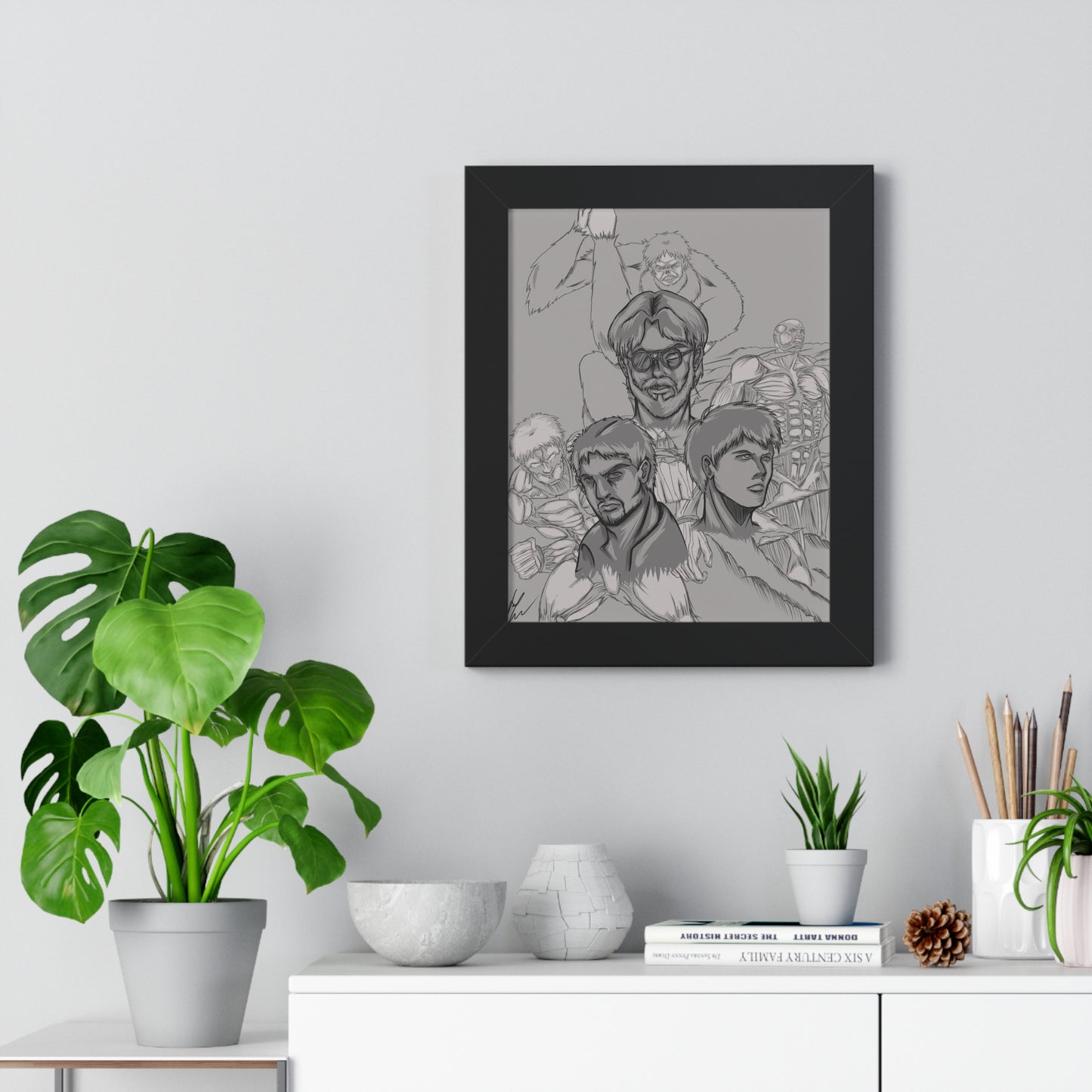 Attack on Titan Black and White-Framed Vertical Poster